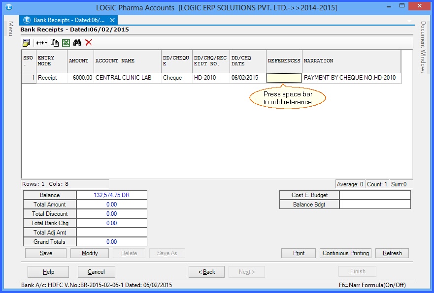 bank receipts acc. details
